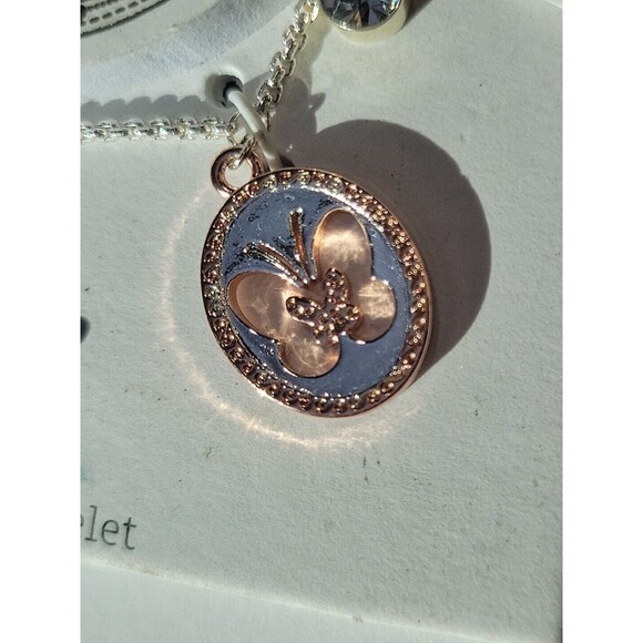 LA Rocks Silver & Rose Gold Tone Crystal Charm Bracelet w/ Butterflies & Flowers - Picture 6 of 6